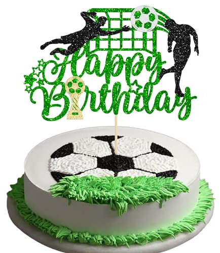 1Pcs Soccer Happy Birthday Cake Topper Glitter Happy Birthday Sign Football Player Cake Pick Decorations for Sport Theme Man Boy Girl Birthday Party Decoration Supplies Green