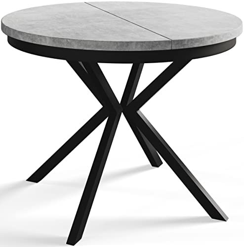 AlpiMeble Runder Esszimmertisch BERGO, ausziehbarer Tisch Durchmesser: 120 cm/200 cm, Wohnzimmertisch Farbe: Hellgrau, mit Metallbeinen in Farbe Schwarz