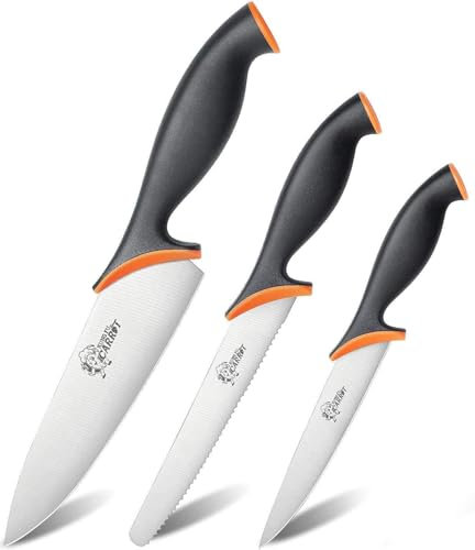 Kung Fu Carrot 3-Piece Premium Knife Set: Chef, Serrated, and Paring - with Comfort Soft Grip Handles