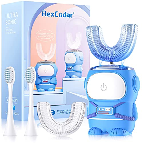 RexCodar Ultrasonic Kid's U-Shaped Electric Toothbrush, IPX7 Waterproof, Five Cleaning Modes,Cartoon Astronaut, 60S Smart Reminder (6-12 Age (Blue))