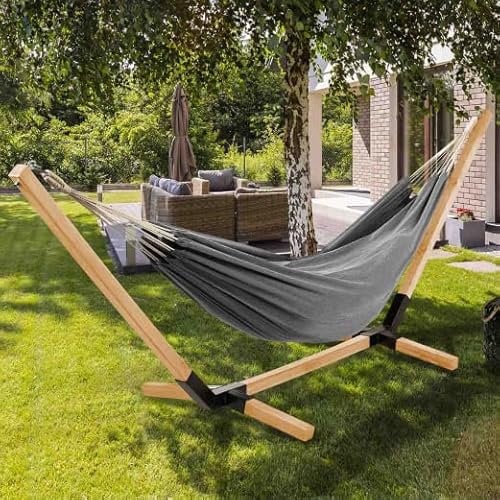 IDMarket - Hamac avec Support Bois et Toile Gris Anthracite Tahiti