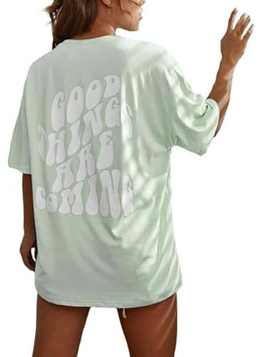 T-Shirt Damen Kurzarm Sport Sommer Oberteile Oversize Tshirt mit Buchstaben Muster Sweatshirt Lose Rundhals Rückendruck Bluse Teenager Mädchen Tunika Lang Top Sportshirt 0