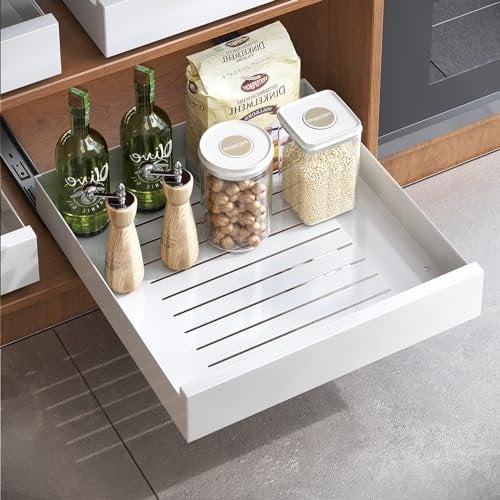 Kitstorack Teleskopschublade, Ausziehbare Schubladen-Aufbewahrungsregale für Küchenschränke, Ausziehbare Ausziehbare Schublade, Slide out Cabinet Organizer, Weiß, 43 Tiefe x 40 Breite x 8 Höhe cm