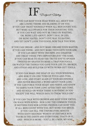 Bugana If by Rudyard Kipling inspirierende, motivierende Zitate, Vintage-Metallschild, Wandkunst-Dekor, Retro-Poster, Blechschilder für Männerhöhle, Bar, Garage, Auto, Zimmer, Straßen, 20,3 x 30,5 cm