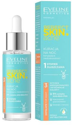 Eveline Cosmetics Perfect Skin Akne Nachtbehandlung - Peeling & Tonvereinheitlichendes Serum mit AHA BHA PHA, Niacinamid & Süßholzwurzelextrakt - Anti-Bakterielle & Anti-Akne Formel