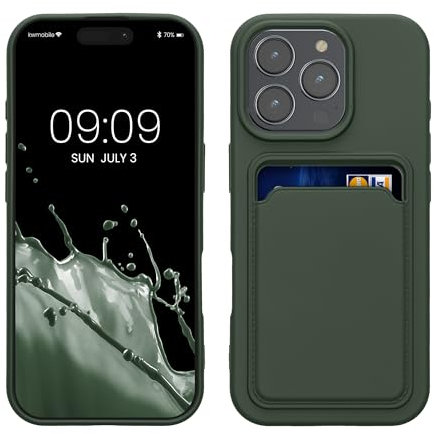 kwmobile Case Compatible with Apple iPhone 16 Pro Case - TPU Phone Cover with Credit Card Holder - Dark Green