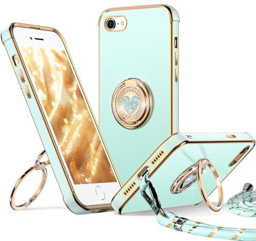 XYZ for iPhone 8/7, SE 2020/22 Case with Stand, Double Ring Holder Case Heart with Lanyard for Girls Women, Luxury Cute Bling Protective Phone Cover for iPhone SE, Green