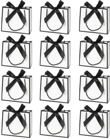 12 Stück Mini Geschenktüt mit Henkel, kleine weiß und schwarze Schleifen, für Geburtstag und Hochzeit (14×6×12cm)