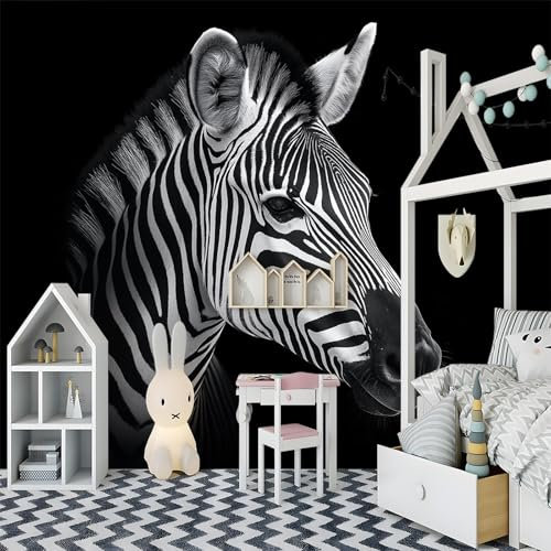 Fototapete Schlafzimmer 200 x 140 cm 3D Druck Majestätisches Zebra Vliestapete, Wandtapete Wandbilder, für Wohnzimmer, Kinderzimmer, TV Hintergrund Vlies Tapete, Schwarz
