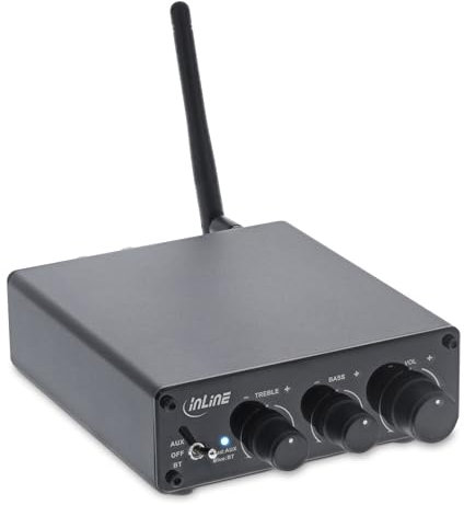 InLine Bluetooth 5.3 Audio Receiver, 96W HiFi-Verstärker, Empfänger, Cinch Stereo, für 2X Passive Stereo Lautsprecher, mit Bass-, Lautstärke-, und Höhenregler, bis zu 20m Reichweite, 99209L