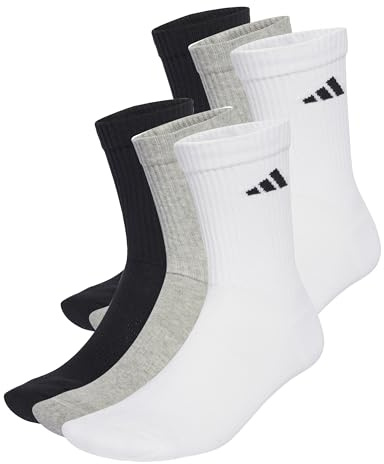 adidas Unisex CUSHIONED CREW SOCKS 6 PAIR PACK, White/Medium Grey Heather/Black, 6.5-8
