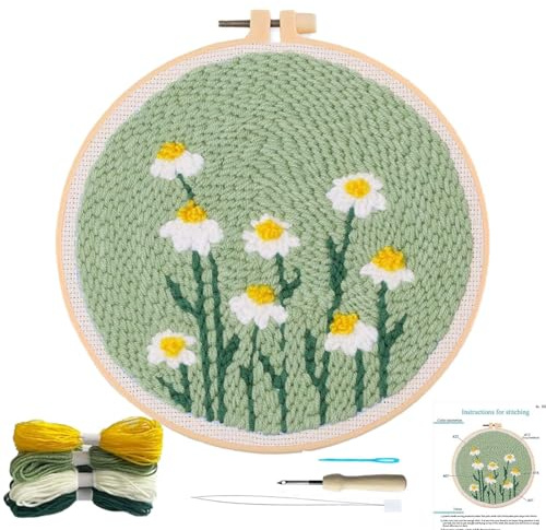 Punch Needle Embroidery Starter Kit - Fabric, Threader, Rug Hooking, DIY Embroidery Kit with Cloth Hoops, Instructions, Needles, Thread