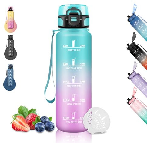 Gourde 1l, Gourde Sport pour Adulte, Gourde Graduée Anti-Fuite, Gourde Motivation avec Slogan de Motivation, Gourdes de Camping et Randonnée, Facile à Nettoyer, pour Yoga, Fitness, Cyclisme, Vert-Rose