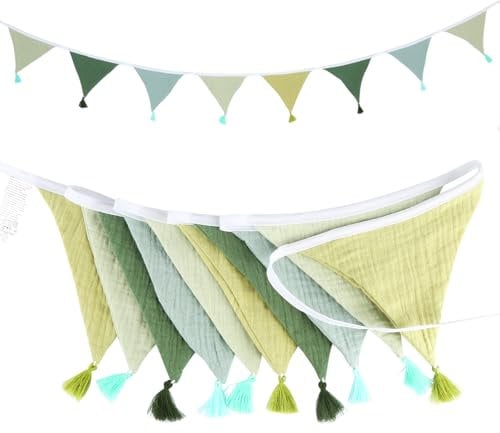 Girlande Wimpelkette Kinderzimmer, 2,6m Grün Musselin Baumwolle Wimpelkette Stoff, Kinderzimmer Deko zum Aufhängen Hausbett Deko Junge Mädchen, Babyzimmer Deko für Hausbett Kinderzelt