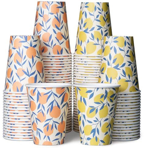 Paper Coffee Cups, 100-Pack 12oz Disposable Paper Cups for Hot or Cold Drinks, Floral Design, Orange Blossom and Yellow Lemon
