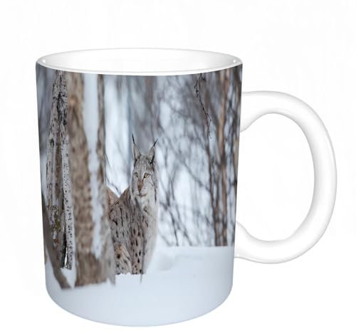 YFHJV Grosse Kaffeetasse - Bürotasse - Tasse Keramik Kaffeetassen Große 11oz - teetasse groß - cappuccino tassen - Ein europäischer Luchs im Schnee. Kalter Winter im Februar in Norwegen.