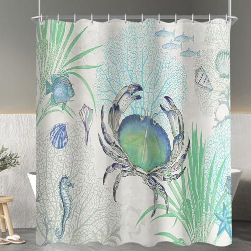 Lerores Duschvorhang 180x200 cm Krabbe Motiv, Beschwerter Saum Antischimmel Textil, Wasserabweisend, Waschbar Polyester Stoff Badevorhänge mit 12 Ösen und Duschvorhangringe für Badezimmer, Badewanne