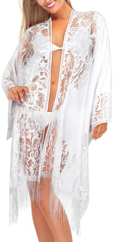 BSBUY Strandkleider Damen Sommer Bikini Badeanzüge Cover Up Wickelrock Strandbadekleid Eleganter Cover-up Spitzen-Kimono Strandponcho Locker Lässiger Überzug Strandponcho Strandurlaub Wandern (Weiß)
