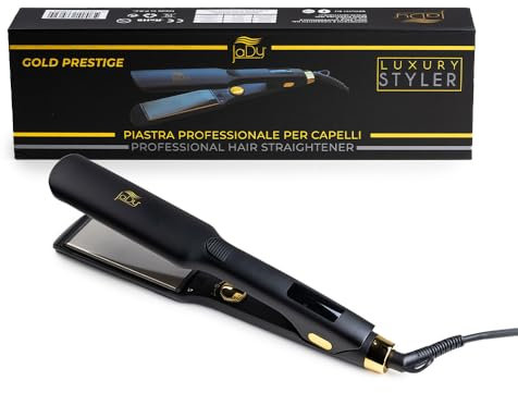 JaDy - Plancha de Pelo Profesional | Placas de Titanio | Calentamiento en 10 Seg | Temperatura Ajustable 120-250°C | Cable Giratorio 360° | Apagado Automático, Negro y Dorado, Piastra Larga