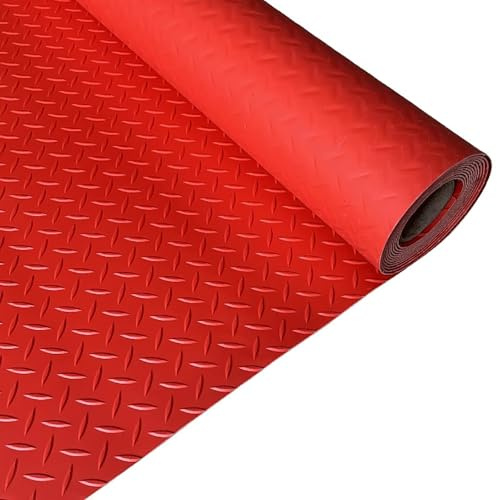 Tapis en Caoutchouc, Tapis de Sol de Garage, Tapis en PVC à Plaque diamantée, Rouleau de revêtement de Sol pour Parking, revêtement en Caoutchouc antidérapant, Tapis imperméable,Rouge,1x2m