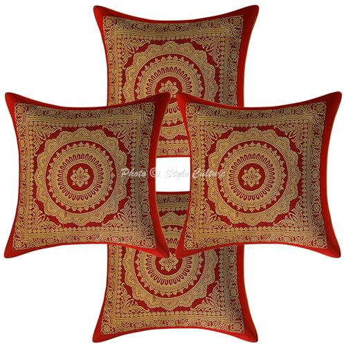Stylo Culture Indische Dekorativ Brokat Seide Sofa Kissenbezüge 30x30 cm Kastanienbraun Dekokissen Jacquard Wohnzimmer Couch Kissenhullen Mandala Quadrat Reißverschluss 12x12 In Kissen Bezüge - 4 Stk.