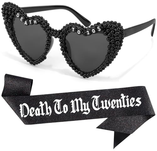 ZenithBurst Death to My 20s Birthday Set,Schwarze Herz-Sonnenbrille & Glitzer-Schärpe, 20 Geburtstag Deko, 20 Geburtstag Frauen Deko
