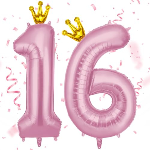 AOOSU Zahlen Luftballon 16 Rosa, 40 Zoll Folienballon 16 Geburtstag Helium Ballon 16, 101cm Luftballon Rosa Zahlenballon 16 Ballon mit Krone für Jahrestag Dekorationen Mädchen Geburtstag Party
