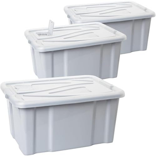 2friends Aufbewahrungsbox mit Deckel 60 Liter – 3er Set Stapelbare Plastikboxen Grau 61x45x30cm für Garage Kinderzimmer Büro, Made in EU