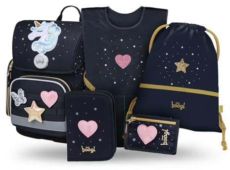 Baagl Schulranzen Mädchen Set 5 Teilig Ergonomischer Schulrucksack 19 l | Ergo Schultasche für 1. Klasse, Mäppchen, Turnbeutel, Schürze, Brustbeutel und Grundschule Ranzen für das Unicorn Gold.