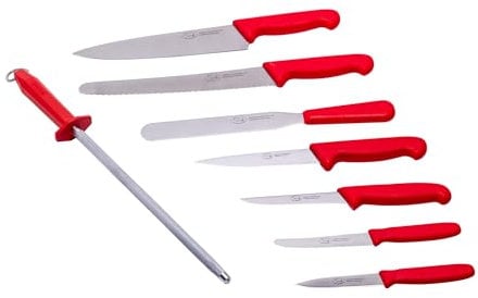 THE SMITHFIELD 8-Piece Professional Chef Knife Set with Canvas Roll-Up Wallet – Stainless Steel Blades, Durable Polypropylene Handles – Perfect for Culinary Students, Beginner Chefs – Red Handle