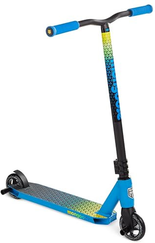 Mongoose Rise 100 Elite Freestyle-Stunt-Roller für Jugendliche und Erwachsene, stoßfeste 110-mm-Räder, Griffe im Fahrradstil, Deck aus Leichtmetall, Blau/Gelb