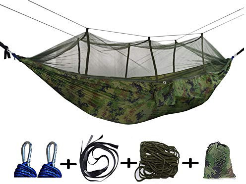 Hamac de camping, hamac portatif en nylon avec moustiquaire compact léger, double 210T, parachute, paquet avec corde en nylon + courroies d'arbre + mousquetons, jusqu'à 1000 lb, 260x140cm