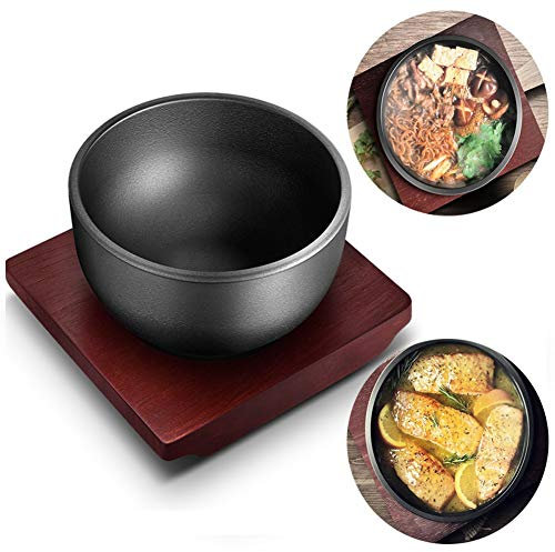Uniquel Sukiyaki Casserole, Cocotte en Fonte Wok Induction Poêle Antiadhésive Bibimbap Pierre Bol avec Plateau en Bois pour Cuisine Porridge Soupe Nouilles, 3 Tailles19cm