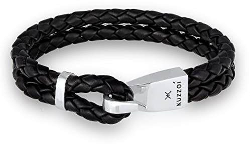 Kuzzoi Armband Herren Lederarmband in schwarz, Armschmuck aus Leder geflochten, Leder Armband in Braided-Optik, Maskuliner Hacken- Verschluss aus 925 Sterling Silber, 13 mm breit, Länge 19 cm