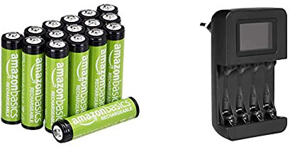 Amazon Basics AAA-Batterien, 800 mAh, wiederaufladbar, 16 Stück & Intelligentes, digitales Akku-Ladegerät für 4 AA-, AAA-Akkus
