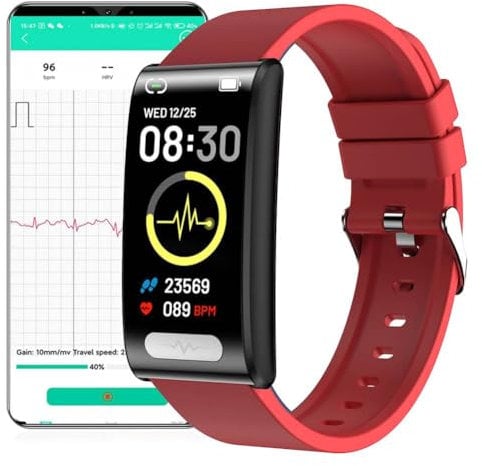 DigiKuber ECG Smart Watch, 1.47 Inch Waterproof Smartwatch with Blood Pressure SpO2 Heart Rate Message and Call Reminder for Android iOS (Red, 1.47 TPU)