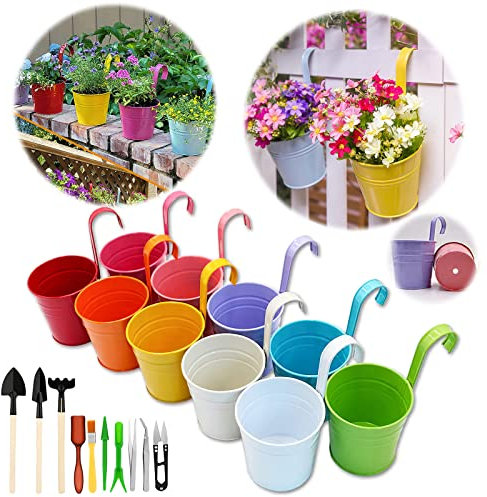 GIOVARA Blumentöpfe zum Aufhängen, hängend Blumentopf mit Ablaufloch, 10 Stück Bunte Garten Töpfe mit Werkzeugen, Blumentopf aus Metall für Pflanzen mit abnehmbare Henkel