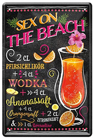 Blechschild Cocktail Zutaten Rezept Sex on the Beach - Retro Deko Schild - Metallschild Cocktail Longdrink Getränk Drink - Dekoration Küche Beach Bar Pub - Geschenk Anleitung Cocktails Mixen - 20x30cm