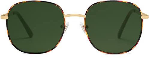 SOJOS Designer Rund Rechteckig Sonnenbrille Flat Verspiegelt Linse Metallrahmen SJ1137 (Tortoise Rahmen/GrünLinse)