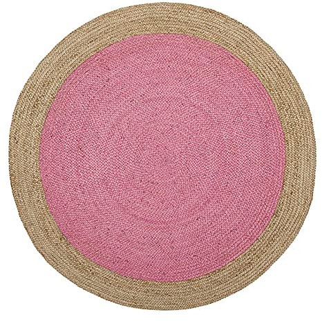 DNR Tapis rond indien en fibre naturelle avec bordure marron rose 90 x 90 cm