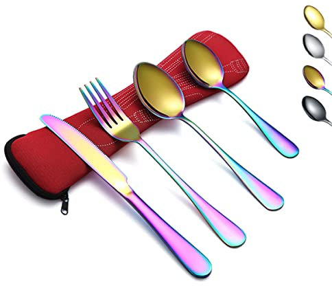 Evanda Portable Utensils, Travel Camping Cutlery Set, Stainless Steel Flatware Set Travel Silverware Dinnerware Set Fork Spoon Knife with a Portable Case (Rainbow)