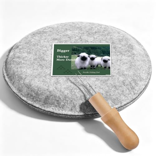 7.87 Round Large Needle Felting Tools Grey Wool Kit for Beginners Adults | Felting Pad, 3 Felting Needles + Wooden Handle, Ideal for Wool Felt, Darning, Tapestry, Sewing & Crochet Projects