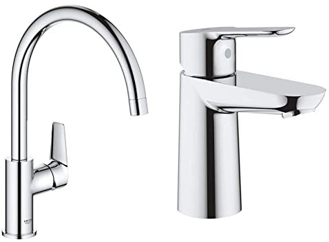 GROHE BauEdge Kitchen Faucet, Tool-Less Installation, 360° Swivel, Chrome Finish, Silver