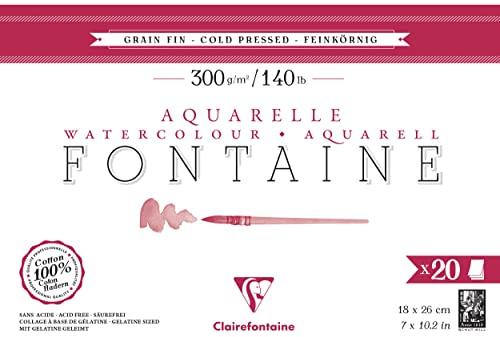 Clairefontaine 975449C - Aquarellblock Fontaine feinkörnig, 20 Blatt, 18x26cm, 300g, geleimt, ideal für Nasstechniken, 1 Block
