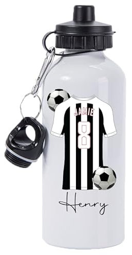 Personalised Football 600ml White Aluminium Sports Water Bottle Back to School Gift for Kids, Customised with Name / Number / Text with Football Shirt Black & White Horizontal Stripes Jersey (D18)