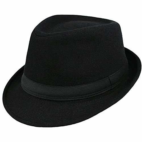 KorhLeoh Herren Klassischer Filz-Fedora-Hut Manhattan-Gangster-Derby Hut mit plissiertem Band Unisex Damen Trilby Fedora Hut, Schwarz , M