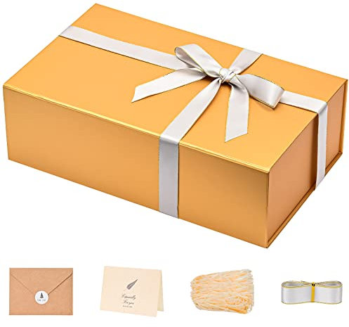LIFELUM Goldene Geschenkboxen mit Deckel, 35,2 x 21,2 x 11,3 cm, Geschenkbox mit Band, Karte, geschreddertem Papierfüller, Geschenkbox für Valentinstag, Weihnachten, Geburtstage, Brautgeschenke