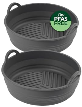 Salter Air Fryer Accessories Air Fryer Liners, Round Silicone, 2 Pack | Ribbed base for airflow, collapsible design, non-stick surface, dishwasher safe, lift handles, 21.5 x 6 cm size
