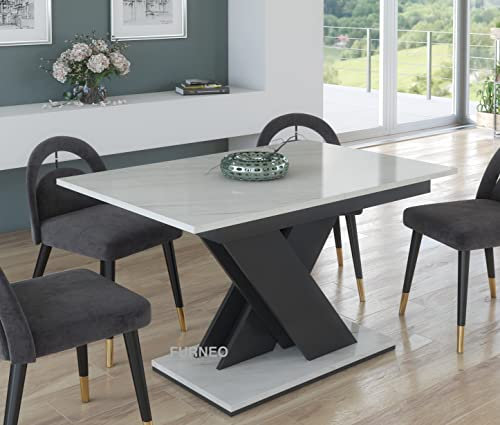Furneo Tavolo 01 – Modern Extendable Dining Table Only, 120–160 cm, White Marble Effect Matt Finish, MDF