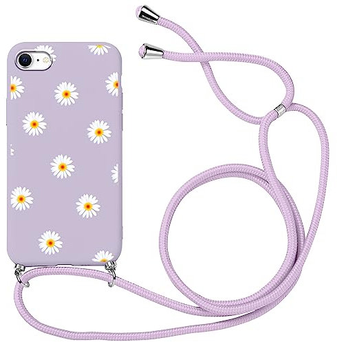 Yoedge Handykette Hülle mit Band für iPhone 8/7 /iPhone SE 2022 /SE 2020 4,7, Ultra Dünn Weich TPU Silikon Handyhülle Gänseblümchen Blume Design, Stoßfest Bumper Kordel zum Umhängen Schutzhülle,Lila